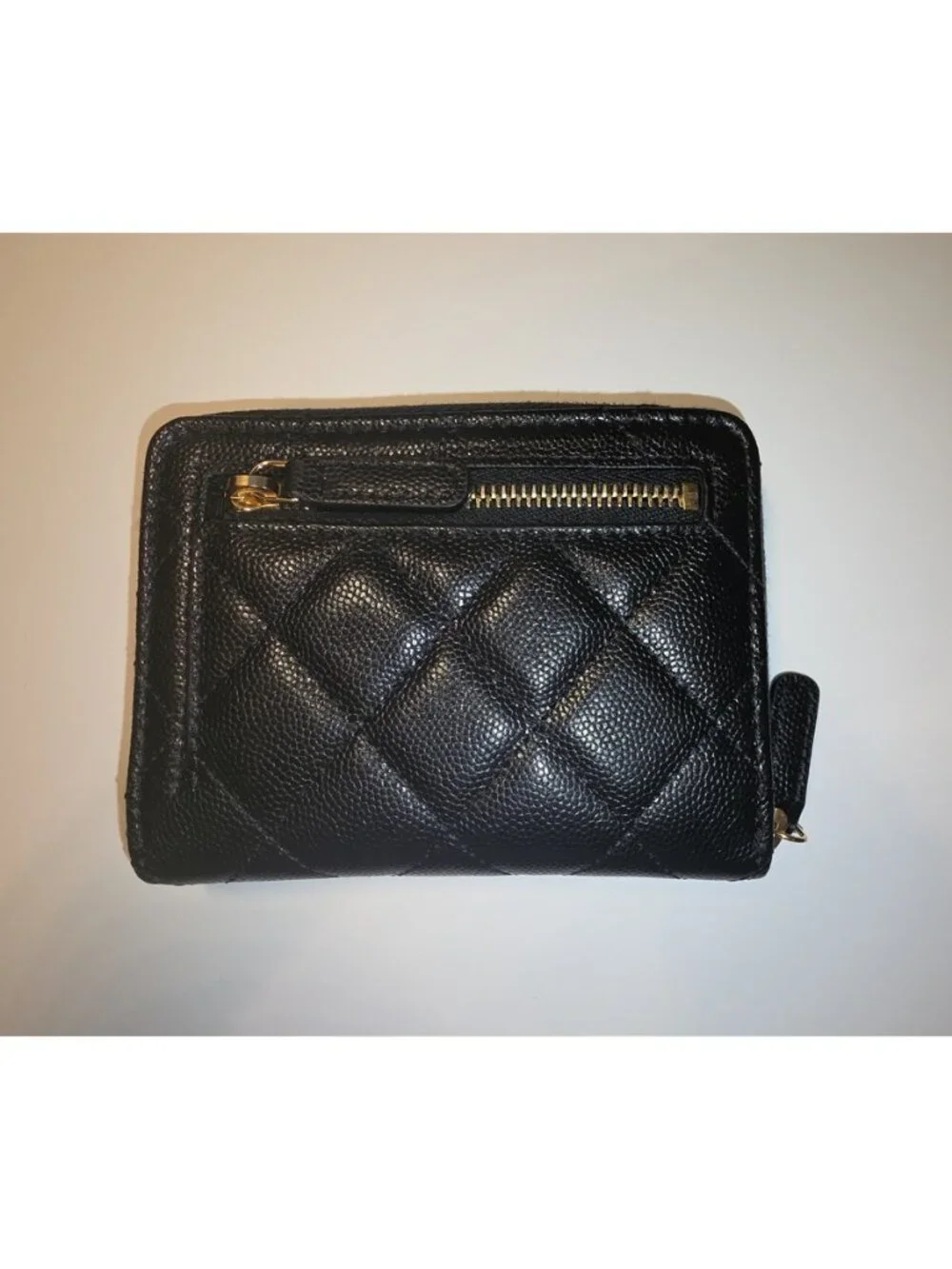 Authentic Chanel Small Zipped Pocket Wallet — Black Caviar Leather, Gold Hardwar